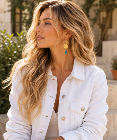 Gold Geometric Earrings with Raw Gemstone, Celestial Earrings