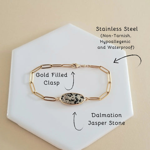 Dalmation Jasper Bracelet, Gold Stainless Steel Waterproof Bracelet