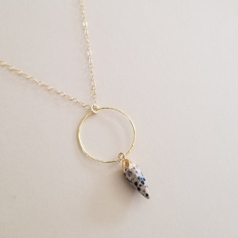 Gold Circle with Dalmation Jasper Pendant Necklace, Boho Stone Necklace