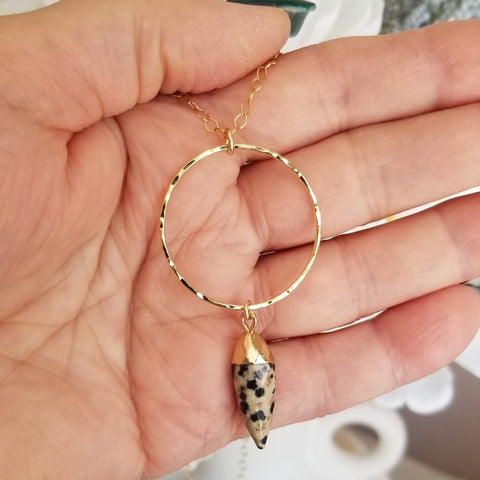 Gold Circle with Dalmation Jasper Pendant Necklace, Boho Stone Necklace