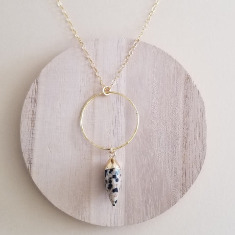Handmade Dalmation Jasper Circle Pendant Necklace, Boho Gemstone Necklace for Women