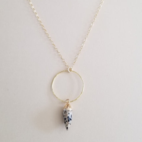 Handmade Dalmation Jasper Circle Pendant Necklace, Boho Gemstone Necklace for Women