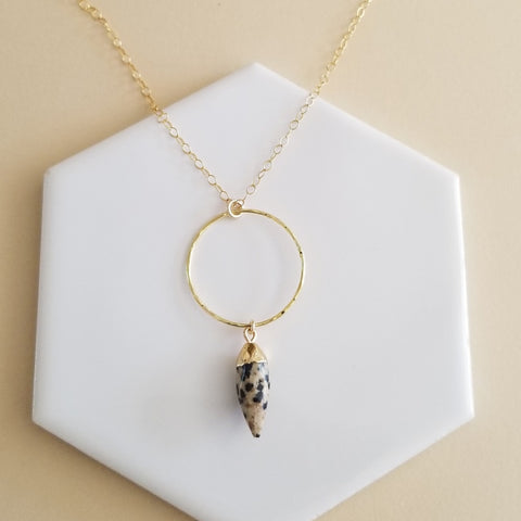 Handmade Dalmation Jasper Circle Pendant Necklace, Boho Gemstone Necklace for Women