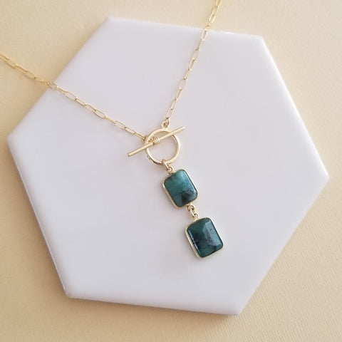 Gold Emerald Front Toggle Necklace, Statement Necklace, Paperclip Chain Necklace, May Birthstone Jewelet, Boho Necklace, Gemstone Toggle Necklace