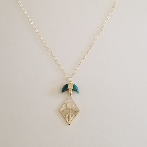 Mountains Pendant Necklace with Emerald Crescent Moon