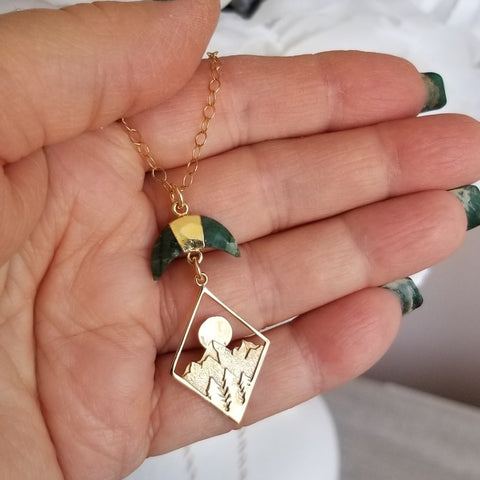 Mountains Pendant Necklace with Emerald Crescent Moon