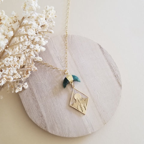 Mountains Pendant Necklace with Emerald Crescent Moon