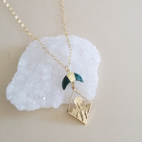 Gold Mountains Pendant Necklace with Emerald Crescent Moon for women, Gift for Her, Wanderlust Jewelry