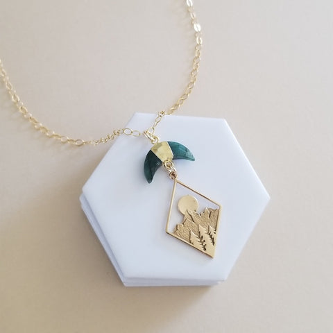 Mountains Pendant Necklace with Emerald Crescent Moon