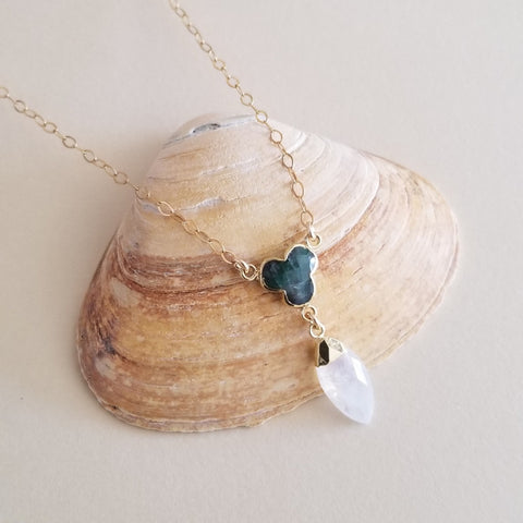 Handmade Dainty Gold Emerald and Moonstone Necklace for women