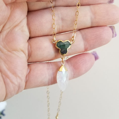 Dainty Gold Emerald and Moonstone Necklace