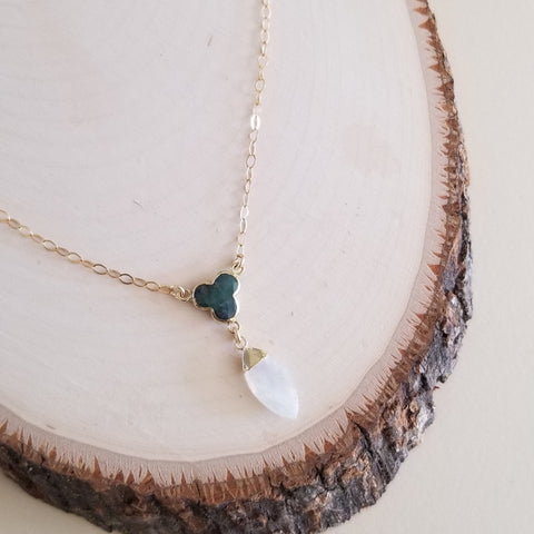 Dainty Gold Emerald and Moonstone Necklace, Gift for Women