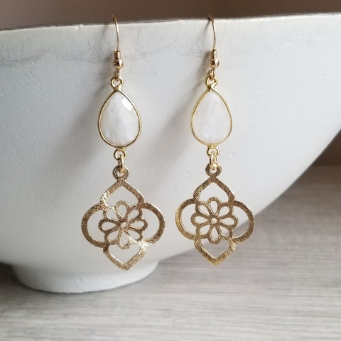 Brushed Silver or Gold Moonstone Floral Earrings, Statement Earrings