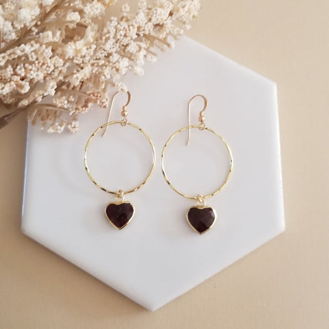 Gold Garnet Hearts Hoop Earrings