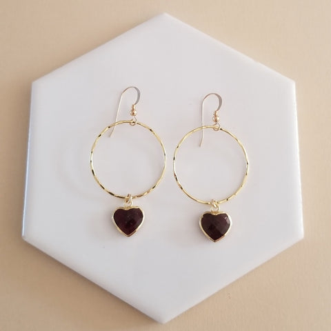 Gold Garnet Hearts Hoop Earrings