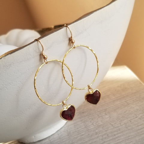 Gold Garnet Hearts Hoop Earrings