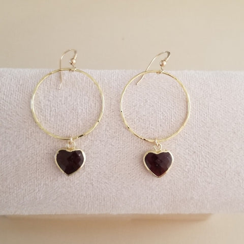 Gold Garnet Hearts Hoop Earrings