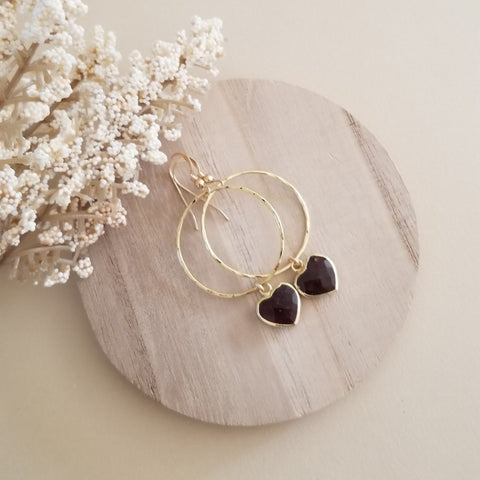 Gold Garnet Hearts Hoop Earrings