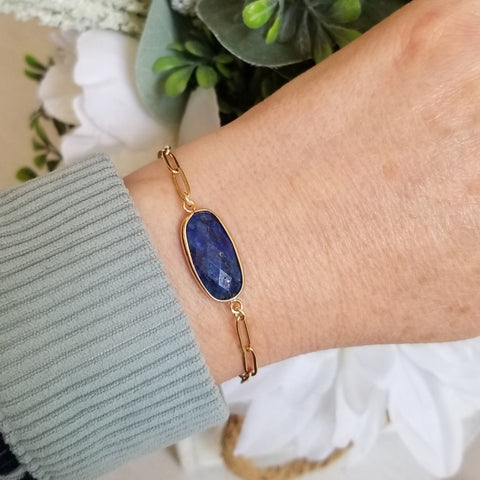 Gold Lapis Lazuli Bracelet, Stainless Steel Waterproof Jewelry