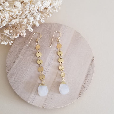 Handmade Long Gold Moonstone Dangle Earrings, Modern Chain Earrings for Women, Gift for Her