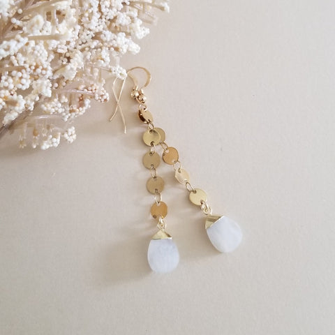 Long Gold Moonstone Dangle Earrings, Modern Chain Earrings, Boho Gemstone Earrings