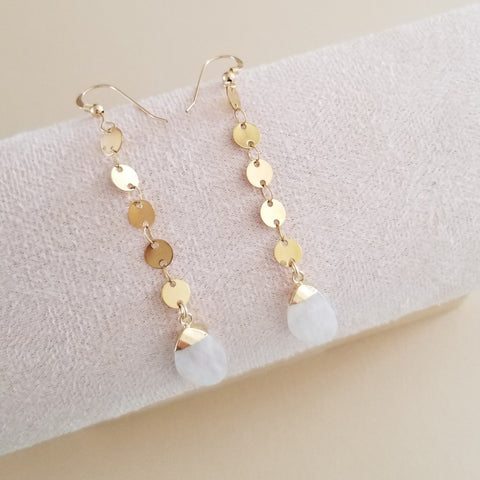 Long Gold Moonstone or Aquamarine Dangle Earrings, Modern Chain Earrings, Waterproof Jewelry