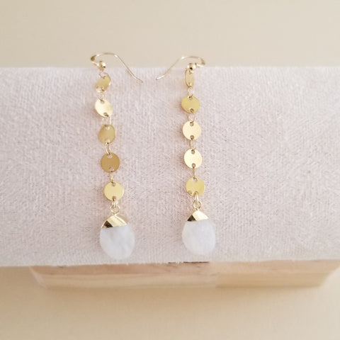 Long Gold Moonstone or Aquamarine Dangle Earrings, Modern Chain Earrings, Waterproof Jewelry