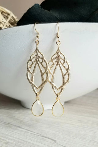 Gold Moonstone Dangle Earrings, Wedding Earrings, Bridal Jewelry, Bride Earrings