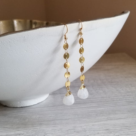 Handmade Long Gold Moonstone Dangle Earrings, Modern Chain Earrings, Waterproof Jewelry