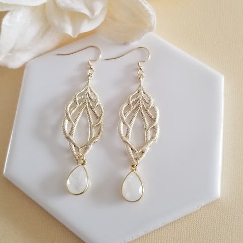 Gold Moonstone Dangle Earrings, Wedding Earrings, Bridal Jewelry, Bride Earrings
