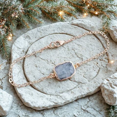 Thin Gold chain bracelet with natural aquamarine stone in the center. Christmas gift for her