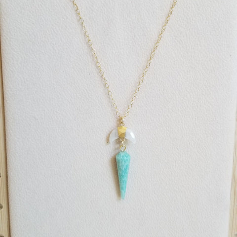 Moonstone and Amazonite Crescent Moon Pendant Necklace, Celestial Jewelry