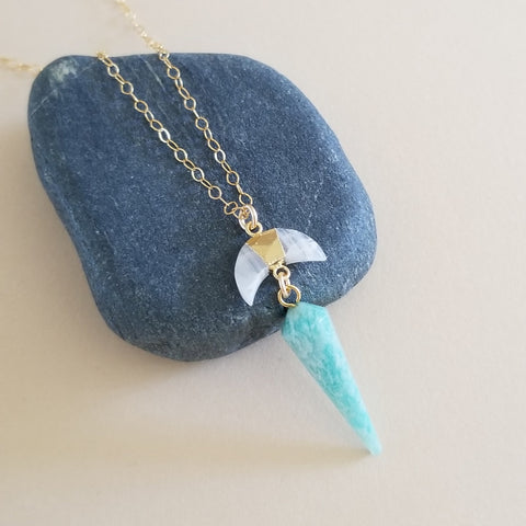 Moonstone and Amazonite Crescent Moon Pendant Necklace, Celestial Jewelry
