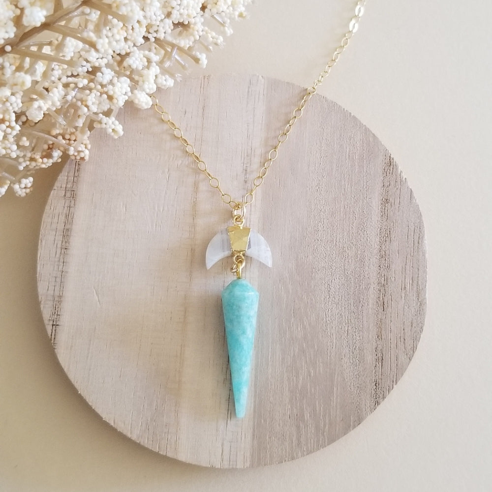 Moonstone and Amazonite Crescent Moon Pendant Necklace, Celestial Jewelry