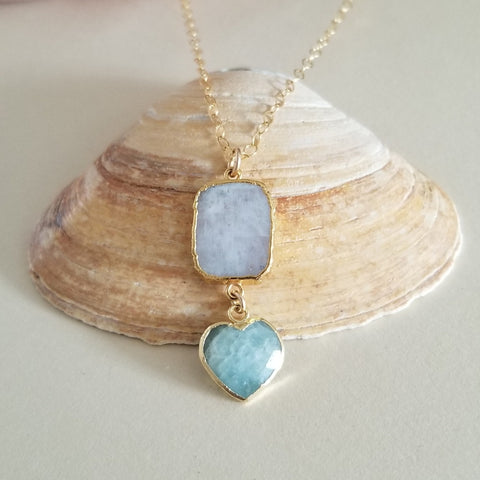 Moonstone and Aquamarine Heart Pendant Necklace, Heart Jewelry for women