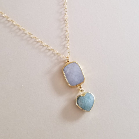 Handmade Moonstone and Aquamarine Necklace, Heart Pendant, Birthday Gift for Her