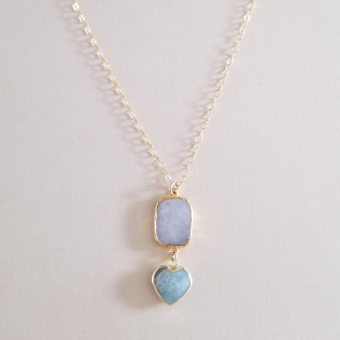 Handmade Moonstone and Aquamarine Necklace, Heart Pendant, Birthday Gift for Her