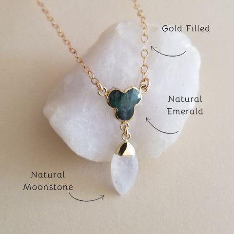 Dainty Gold Emerald and Moonstone Necklace