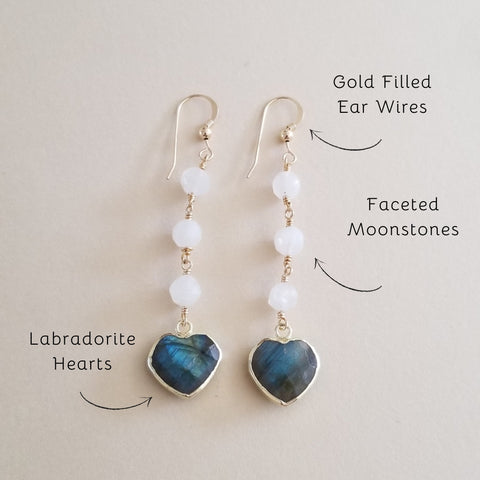 Handmade Moonstone and Labradorite Heart Dangle Earrings