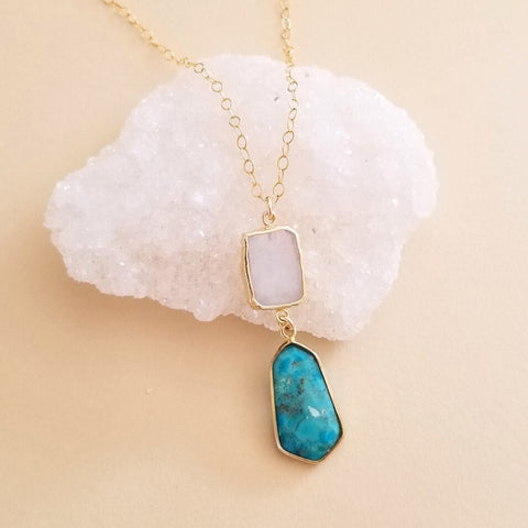 Moonstone and Turquoise Pendant Necklace, Boho Stone Necklace, Bohemian Jewelry for women