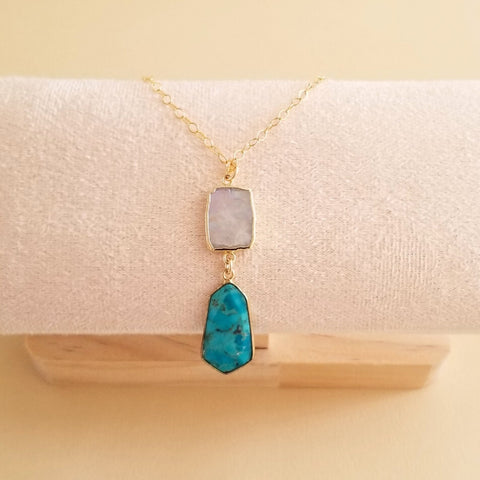 Handmade gold moonstone and turquoise pendant necklace