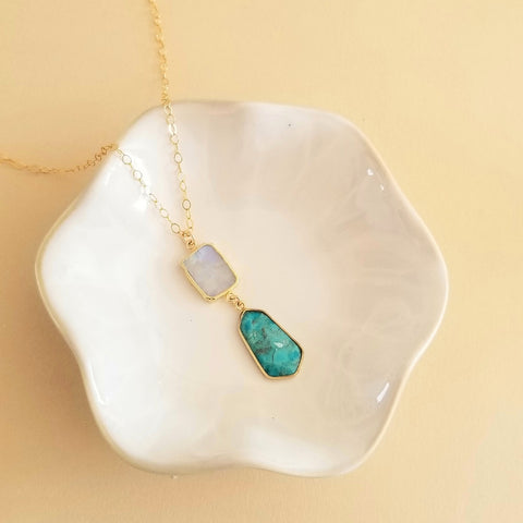 Moonstone and Turquoise Pendant Necklace, Boho Stone Necklace