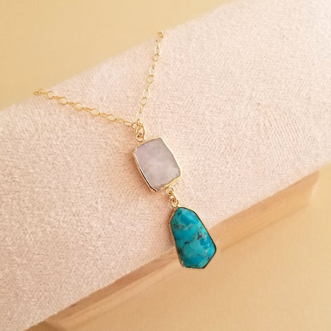 Moonstone and Turquoise Pendant Necklace, Boho Stone Necklace