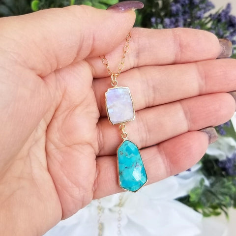 Moonstone and Turquoise Pendant Necklace, Boho Stone Necklace