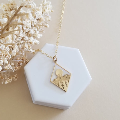 Gold Mountains and Sun Setting Pendant Necklace