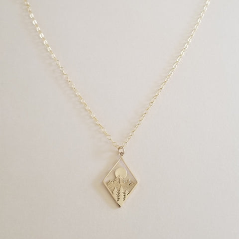 Gold Mountains and Sun Setting Pendant Necklace