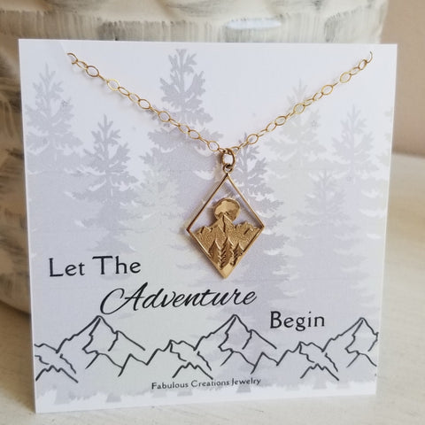 Gold Mountains and Sun Setting Pendant Necklace