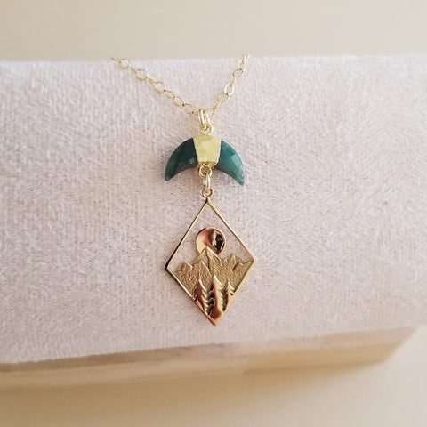 Mountains Pendant Necklace with Emerald Crescent Moon, Gemstone Boho Necklace