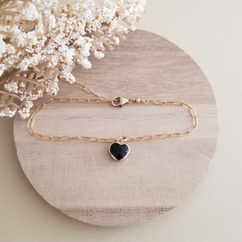 Gold Black Onyx Heart Charm Bracelet, Minimalist Jewelry for Women, Christmas Gift for Her