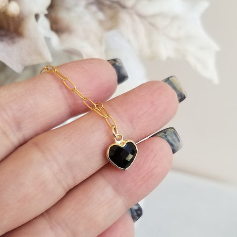 Gold Black Onyx Heart Charm Bracelet, Minimalist Jewelry for Women